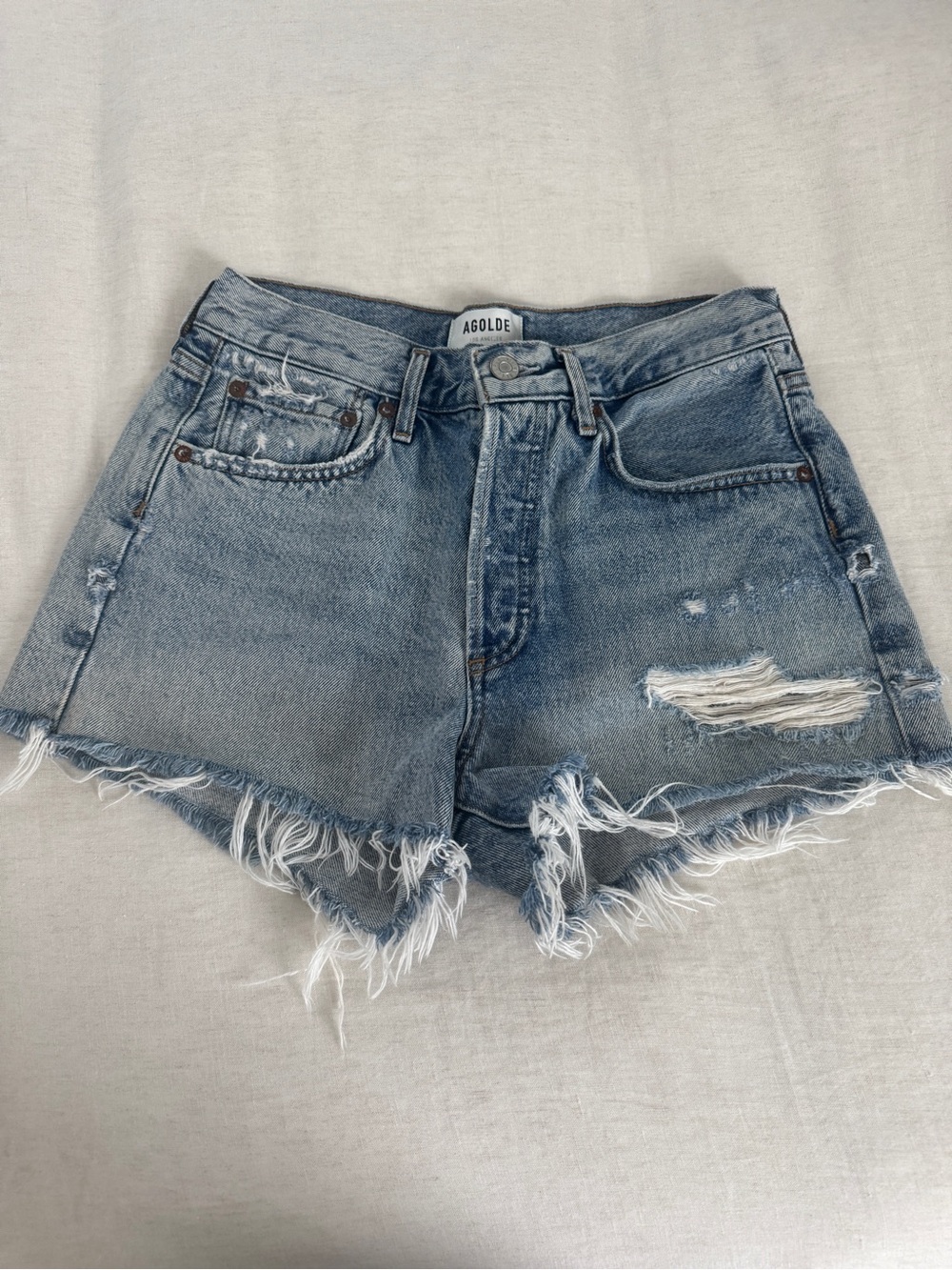 Agolde Vintage Light Blue Distressed Denim Cutoff Shorts